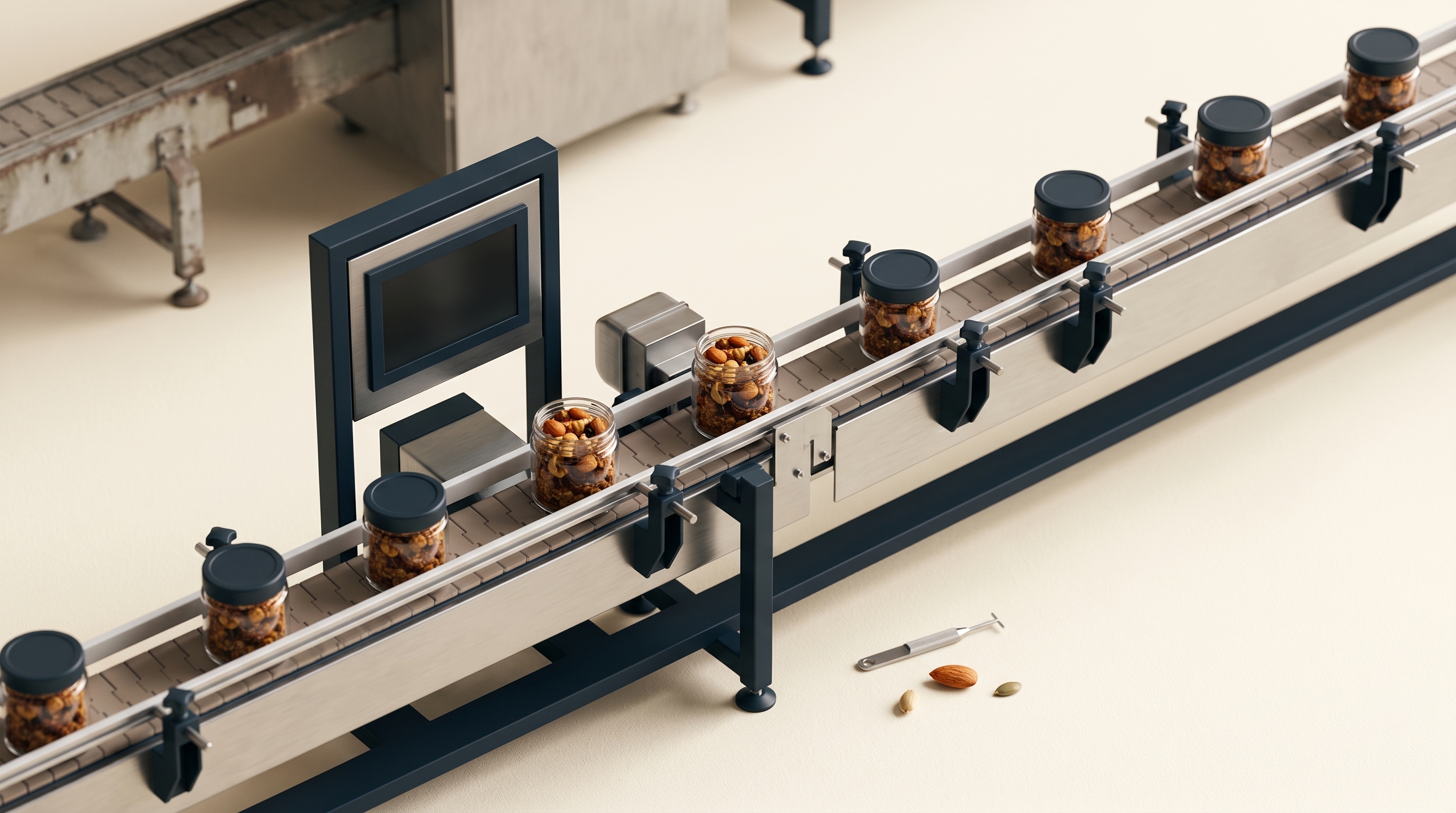 Editorial top-down still life of a clean contract-manufacturing production line in stainless steel, lit by soft overhead light against a warm cream surface — no people, no logos.